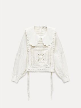 Zara Crochet Panel White Blouse with Peter Pan Collar
